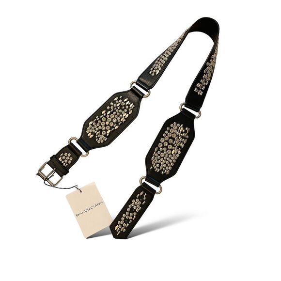 BALENCIAGA PARIS Black Leather Belt with Silver Grommet Accents |SIZE: 85/34| - Picture 1 of 10